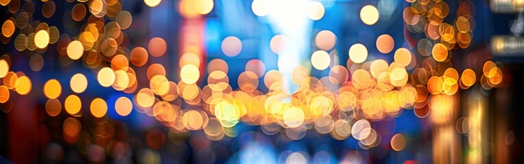 Leinwandbilder - A close-up shot of colorful lights in an urban environment, blurred and out of focus, taken at night. The lights are predominantly yellow and orange, creating a warm glow against a dark blue backgroun