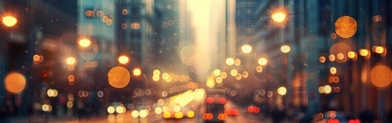 Poster - A view of city lights at dusk, blurred through a window. The warm yellow glow of streetlights and vehicle headlights shine through a hazy atmosphere, creating a warm and inviting ambience. The city's 