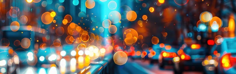 Poster - A blurry photo of a city street at night, with out-of-focus lights creating a bokeh effect. The lights are mostly orange and yellow, and there are some cars driving by in the background.