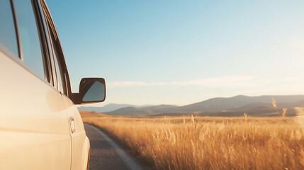 A car driving down an open highway with scenic landscapes, capturing the freedom and adventure of a road trip.