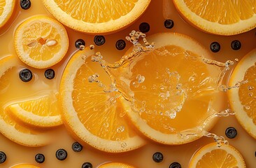 A close up of oranges and blueberries with a splash of water