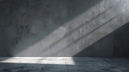Poster - A ray of sunlight shines through a window, casting a long, diagonal shadow across the floor and wall of a bare room. The concrete surface is weathered, adding to the industrial feel of the space.