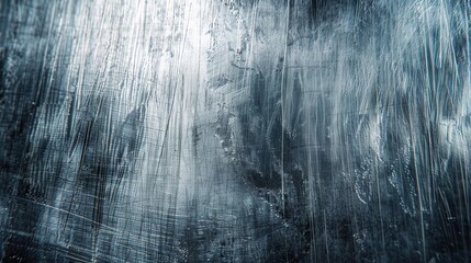 Poster - A close-up shot of a scratched metal surface with vertical lines and light reflections. The surface is dark blue and grey, with a grainy texture.