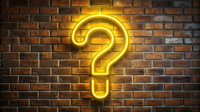 Neon yellow question mark on brick wall
