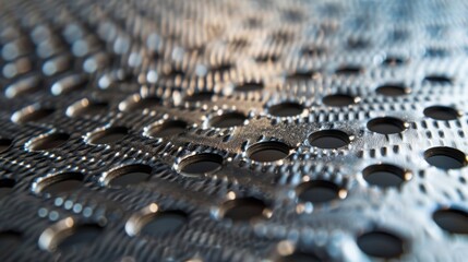 Poster - A close-up shot of a perforated metal sheet. The sheet has numerous circular holes evenly spaced and a diamond pattern etched on the surface. The light reflects off the metal, creating a shimmering ef