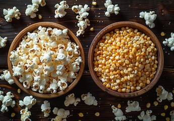 Wall Mural - Two bowls of popcorn and corn kernels on a wooden table