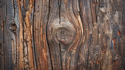 Poster - A close-up shot reveals the intricate patterns of a knot in weathered wood. The grain of the timber is highlighted, showcasing the natural beauty of aged wood. The texture of the surface is rough, wit