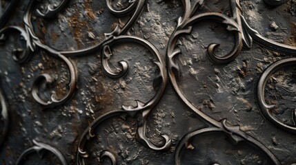 Aufkleber - A close-up view of intricate ironwork in a swirling, floral pattern, set against a dark, textured metal surface. The ironwork is detailed and delicate, creating a sense of elegance and artistry.