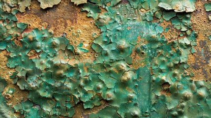 Poster - A close-up photograph of a metal surface with peeling green paint. The paint is cracking and flaking, revealing the rusty metal underneath.