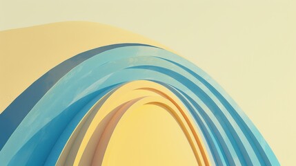 Aufkleber - A close-up photograph captures the abstract shapes of a curved blue and yellow wall, forming an archway against a light background. The blue and yellow stripes create a visually captivating pattern, h