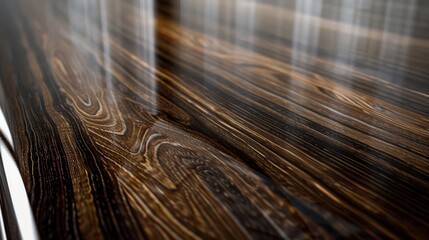 Poster - A close-up photograph captures the intricate grain patterns of dark wood. The wood has a glossy finish, reflecting light and emphasizing the depth of the grain.
