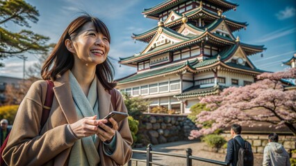 Poster - a woman enjoying sightseeing in osaka