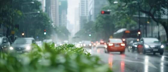 Canvas Print -  A city street teeming with heavy traffic, lined by towering buildings Traffic lights mark each side