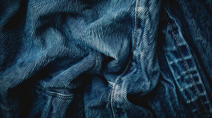 Leinwandbilder - A close-up view of the texture of denim fabric, showing the intricate weave and the faded blue color. The fabric is crumpled and folded, creating a sense of depth and texture. The image is well-lit, h
