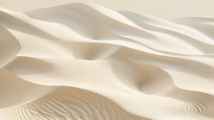 Poster - The image shows a close-up view of white sand dunes in a desert landscape. The dunes are rippled and textured, with the light of the sun reflecting off their surface. The vastness of the desert can be
