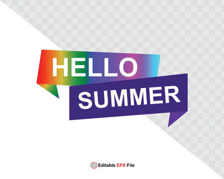 Hello summer button, sun and sale. Vector minimalistic illustration of sun rays, swimming pool with sun lounger and umbrella and tropical palm leaf, orange and sea beach with sand for background