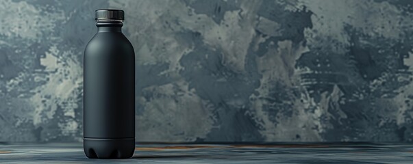 Canvas Print - A black water bottle is pictured on a gray background