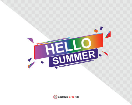 Hello summer button, sun and sale. Vector minimalistic illustration of sun rays, swimming pool with sun lounger and umbrella and tropical palm leaf, orange and sea beach with sand for background