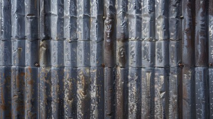 Poster - The image shows a close up of weathered corrugated metal siding. The metal is a dark grey color and has a rough texture. There are visible signs of rust and wear, giving the metal a rustic appearance.