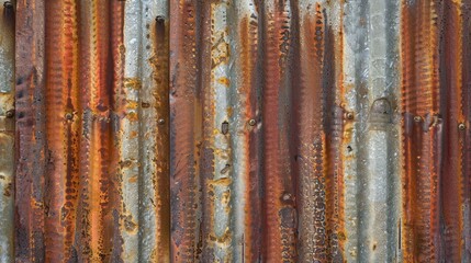 Poster - A close-up shot of a metal surface covered in rusty streaks and lines. The metal is corrugated, creating a textured pattern. The rust is a combination of shades of orange, brown, and gray, suggesting 