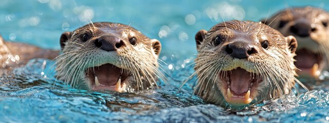  A group of otters swimming with widely open mouths in a pool