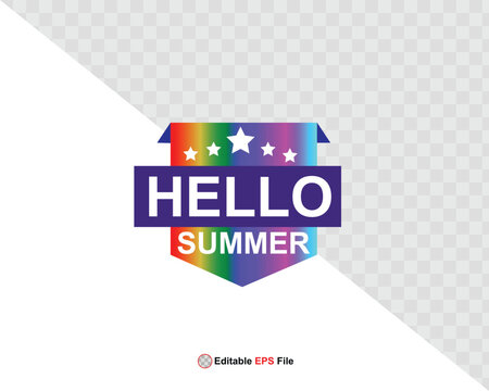 Hello summer button, sun and sale. Vector minimalistic illustration of sun rays, swimming pool with sun lounger and umbrella and tropical palm leaf, orange and sea beach with sand for background