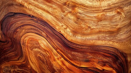 Poster - A close-up shot captures the intricate grain pattern of a piece of wood, revealing rich, warm tones of brown and gold. The swirling, undulating lines of the grain create a mesmerizing abstract design,