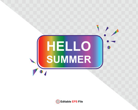 Hello summer button, sun and sale. Vector minimalistic illustration of sun rays, swimming pool with sun lounger and umbrella and tropical palm leaf, orange and sea beach with sand for background