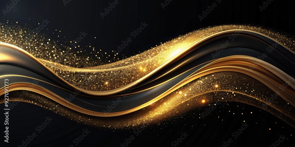 Abstract black and gold wavy background with flowing lines and golden ...