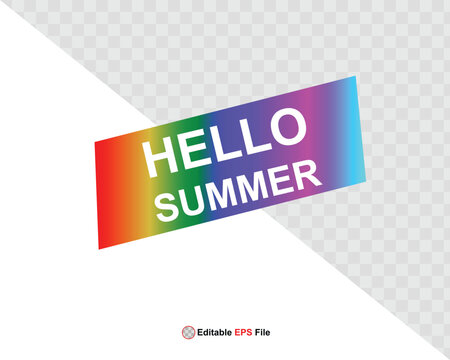 Hello summer button, sun and sale. Vector minimalistic illustration of sun rays, swimming pool with sun lounger and umbrella and tropical palm leaf, orange and sea beach with sand for background