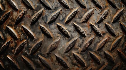 Poster - A close-up view of a rusty metal surface, featuring a diamond-shaped pattern, showcasing the texture and imperfections of aged metal. The surface is covered in rust and dirt.