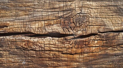 Poster - The image shows a close-up view of a weathered wooden plank with a knot and numerous cracks. The wood is a rich brown color with shades of gray and has a rough, textured surface.
