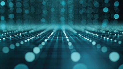 Fototapete - A digital rendering of a glowing, turquoise grid pattern with blurry, white lights in the background. The lights appear to be cascading down from the top of the frame, creating a sense of depth and mo