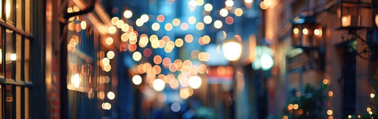 Leinwandbilder - A blurry view through a window of a city street at night, with glowing lights from street lamps and storefronts creating a warm, inviting atmosphere.