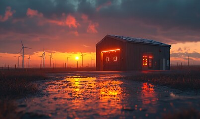  modern battery energy storage system with wind turbines and solar panel power plants in the background at sunset design 