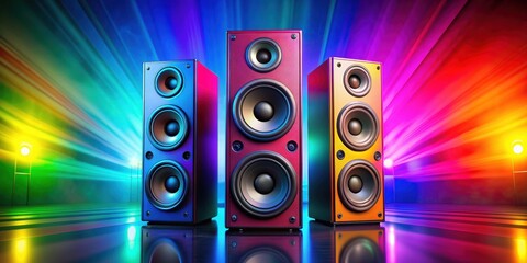 Colorful speaker system for music in vibrant background, music, speaker system, sound, audio equipment, colorful