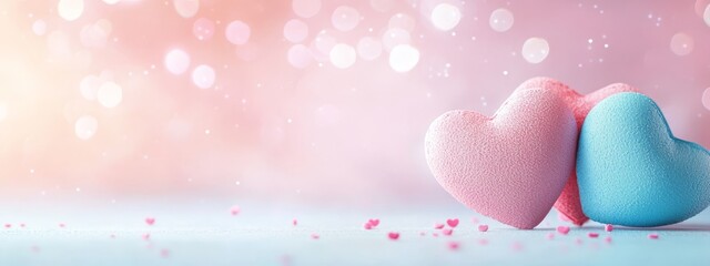  Two pink and blue hearts sit adjacent on a pink-blue surface, surrounded by confetti scatter