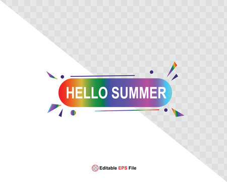 Hello summer button, sun and sale. Vector minimalistic illustration of sun rays, swimming pool with sun lounger and umbrella and tropical palm leaf, orange and sea beach with sand for background