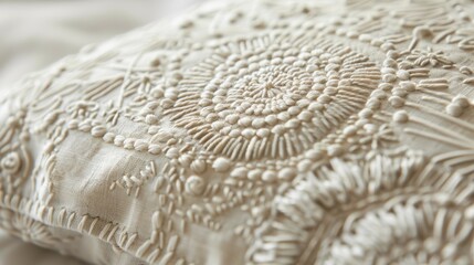 Poster - A close-up image of a cream-colored pillow decorated with intricate white embroidery. The design features a large, circular motif in the center, resembling a stylized flower, surrounded by smaller, de