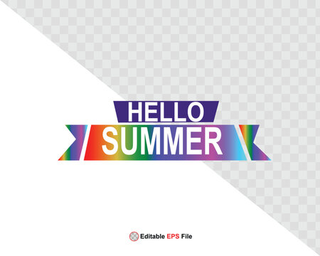 Hello summer button, sun and sale. Vector minimalistic illustration of sun rays, swimming pool with sun lounger and umbrella and tropical palm leaf, orange and sea beach with sand for background