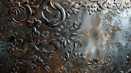 Leinwandbilder - A close-up photograph of a silver metal surface, decorated with an intricate and delicate floral design. The design features stylized flowers, leaves, and swirling patterns, creating a beautiful and t