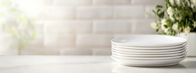 Wall Mural -  A stack of white plates atop a table, next to a vase with flowers