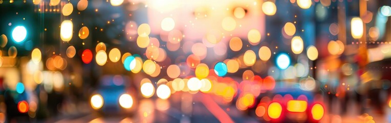 Poster - The image is a blurred view of a city street at dusk. The lights of cars and buildings are out of focus, creating a warm, inviting glow. The colors are vibrant and the overall effect is one of calmnes