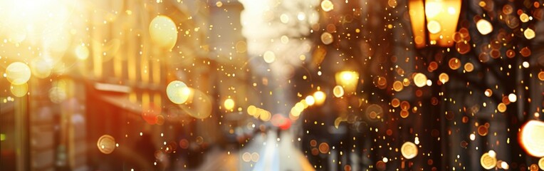 Poster - A city street scene is captured through a window or windshield, showing a blurred background of buildings, streetlights, and pedestrians. The sun sets in the distance, casting a golden glow on the rai