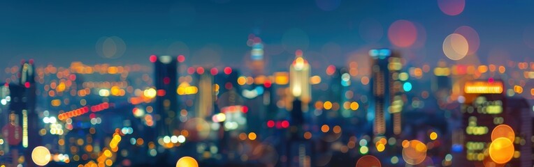 Aufkleber - A wide shot of a city skyline at night, taken from a high vantage point. The buildings are blurred, but the lights of the city create a beautiful bokeh effect. The sky is a dark blue, and there are a 