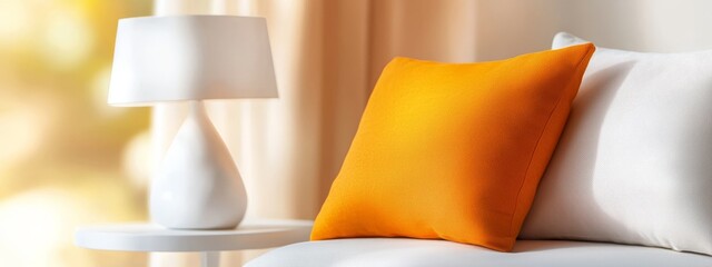 Sticker -  A tight shot of a white couch with a yellow pillow, and a table nearby, topped with a white lamp