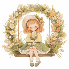 a cute girl sitting in a swing, with a spring dress, inside a spring floral wreath, vintage style, watercolor clipart, white background