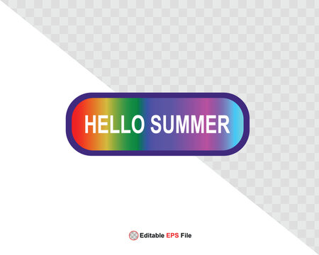 Hello summer button, sun and sale. Vector minimalistic illustration of sun rays, swimming pool with sun lounger and umbrella and tropical palm leaf, orange and sea beach with sand for background
