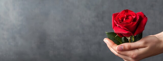  A hand holds a solitary red rose against a gray backdrop, with a gray wall in the distance