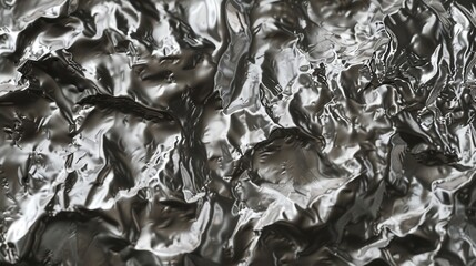 Poster - The image shows a close-up view of crumpled aluminum foil. The foil is wrinkled and distorted, with light reflecting off its surface, creating a variety of shades of gray.